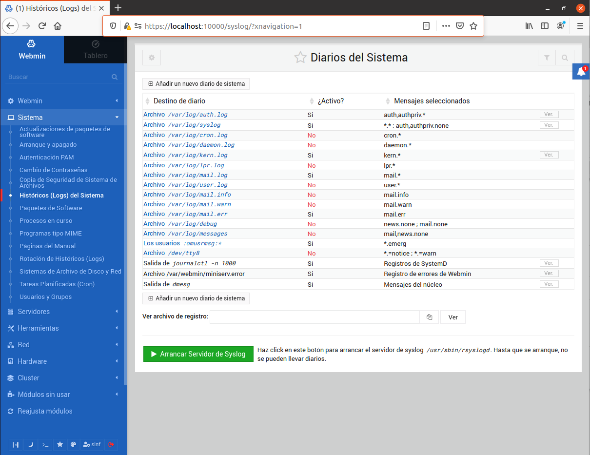 Acceder a los registros del sistema mediante la herramienta Webmin