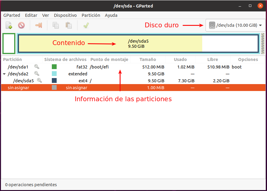 Utilidad de discos en entorno gráfico.